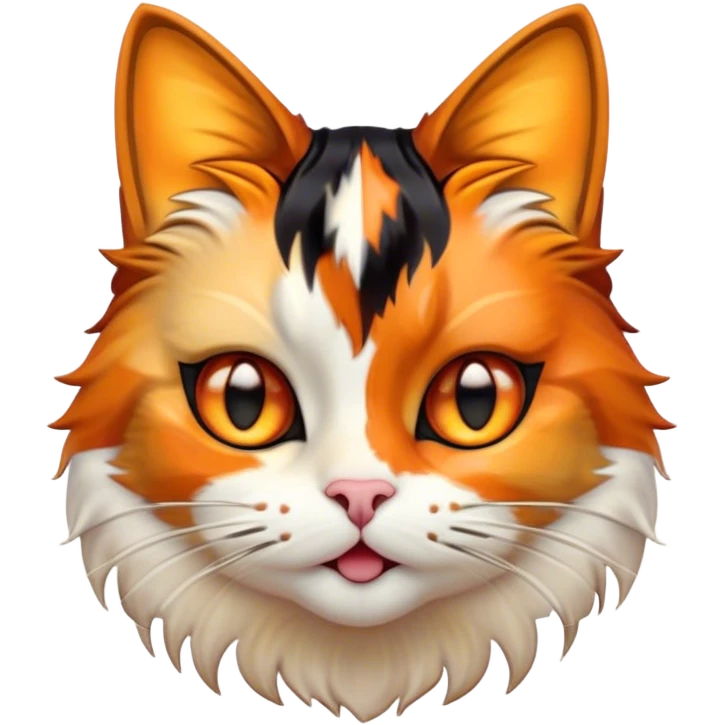 Cinematic Comical Calico Cat Portrait Emoji, Head tilted dramatically with an exaggeratedly surprised expression, showcasing a vibrant patchwork fur of orange, black, and white with wide, comically expressive eyes, simplified yet hilariously detailed, glowing with a sassy, golden radiance, high shine, exuding playful mischief and cheeky feline attitude, styled with a soft glowing outline, capturing the essence of a calico cat that looks ready to leap off the screen with mischievous flair! emoji