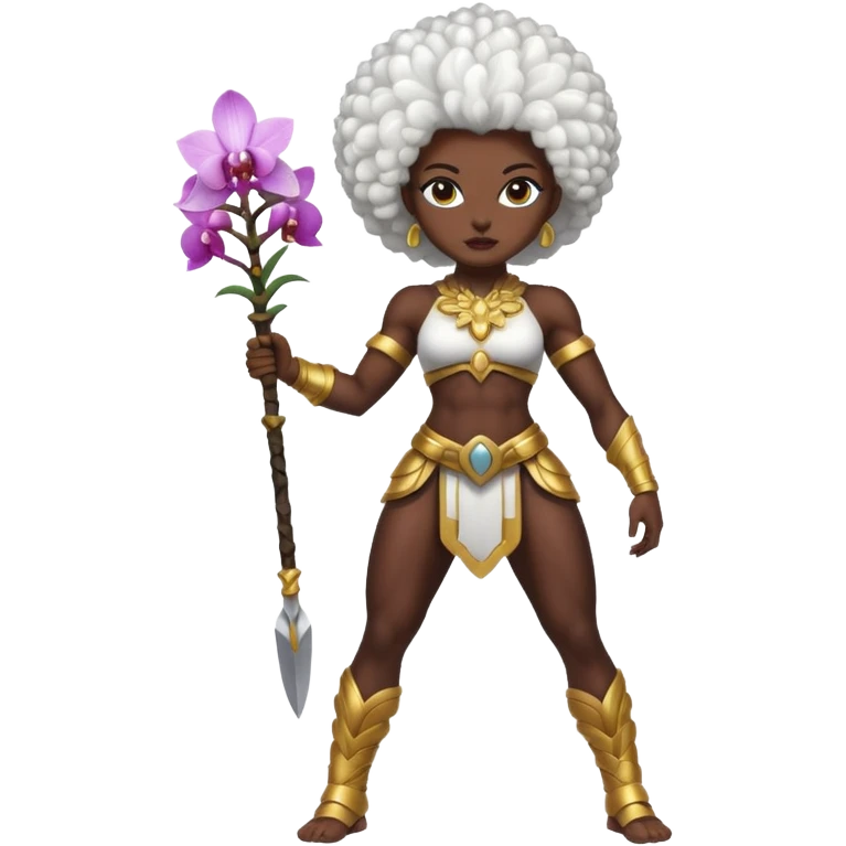 full body dark skin woman white hair afro muscular build orchid warrior spirit emoji