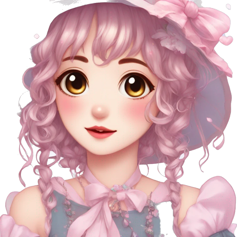 Gorgeous anime style lady with blushing face and accessories cottagecore fairycore Kawaii anime colorful pearly romantic aesthetic trending style emoji