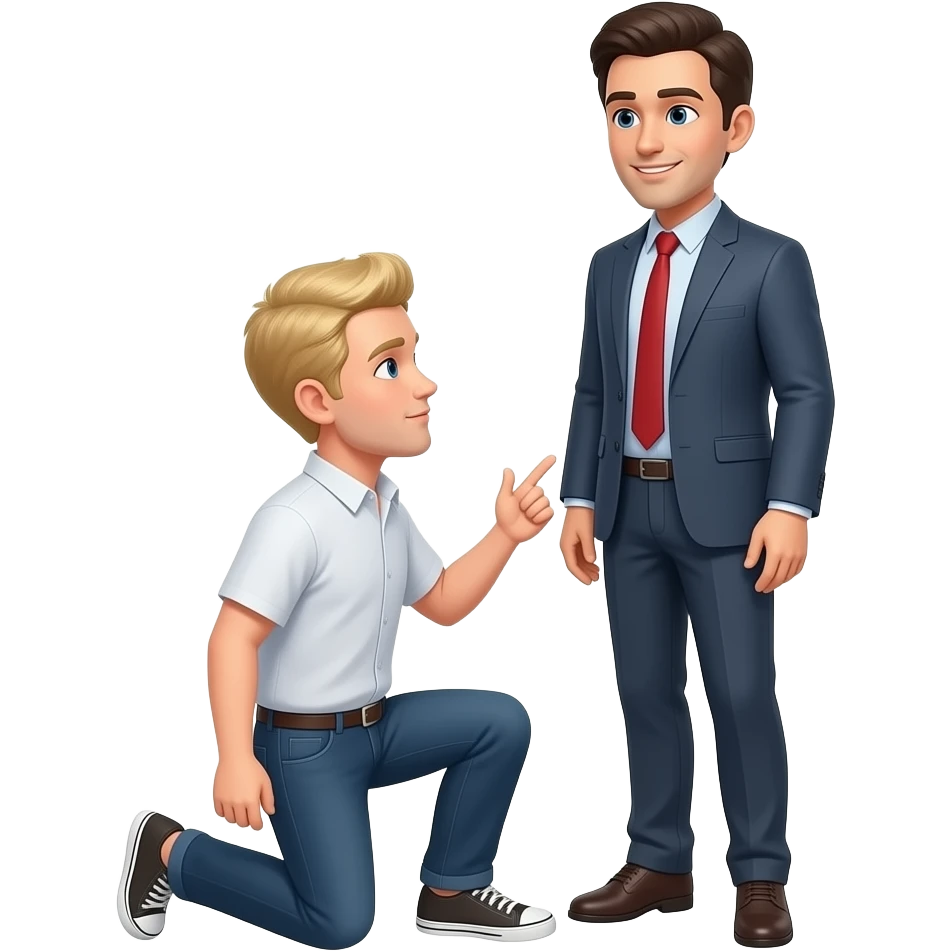 Blonde man kneeling in front of a dark haired white man Standing in front of him. emoji