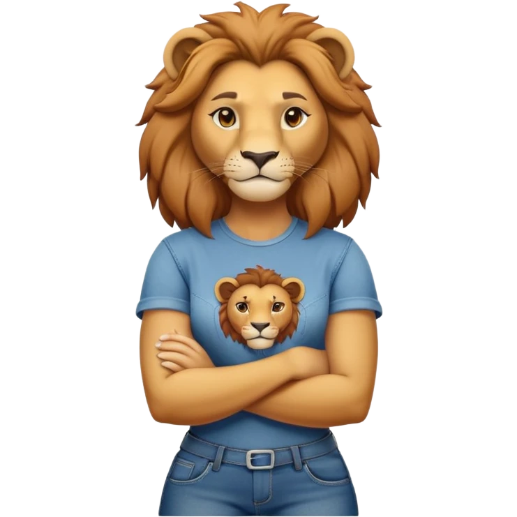 female anthropomorphised lion character standing confidently with arms folded wearing jeans and a t-shirt emoji