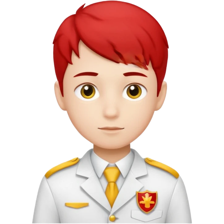 um menino estudante com uniforme branco e detalhes amarelo e vermelho emoji