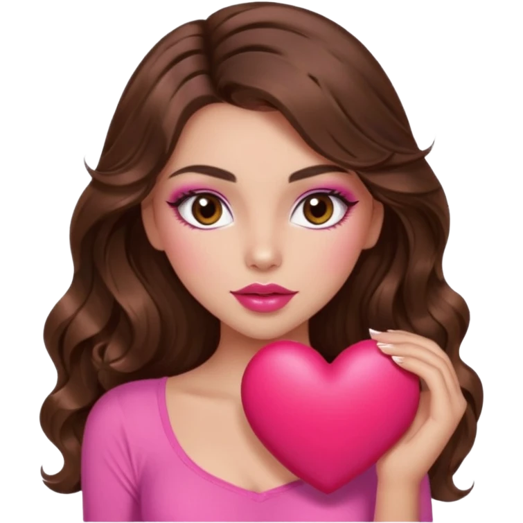 girl with long wavy brown hair, brown eyes, long lashes makeup, sexy pink lips, light to medium complexion, wearing a pink sexy top, squeezing a big heart emoji