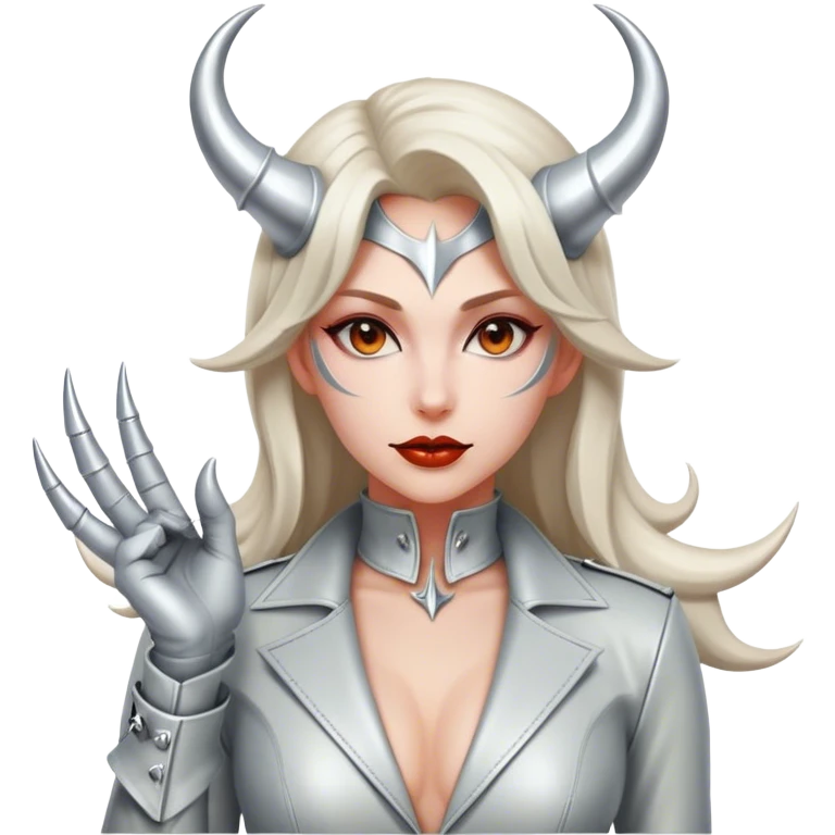 visually stunning image of an extremely detailed devil woman in a skin tight suit of light colored leather and intricate silver devil horns emoji
