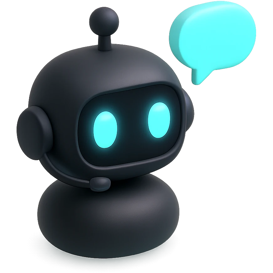 chatbot with speech bubble, 3D black style, dominant #83fff8, accents #3B2C85 and #2C2828 emoji