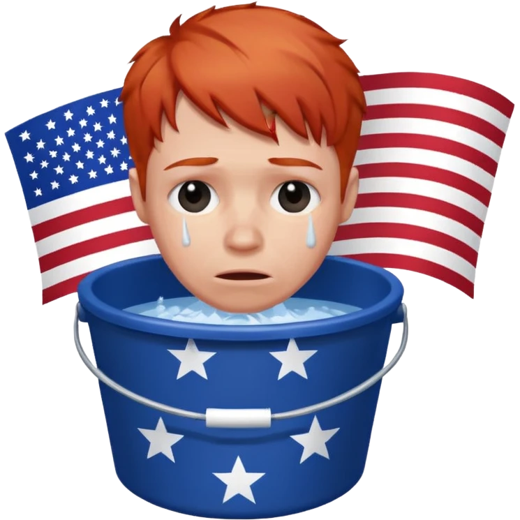 short red haired man crying into bucket with USA flag on it emoji