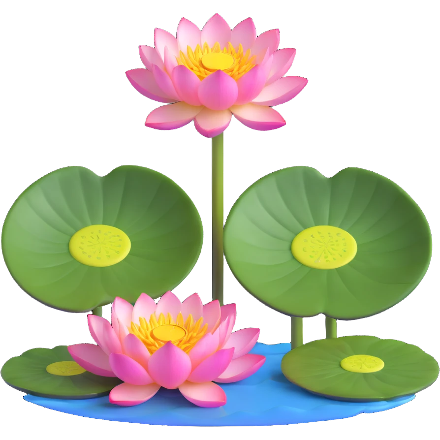 Elegant lotus flower with pink petals, yellow center and circular green lotus pad in water emoji