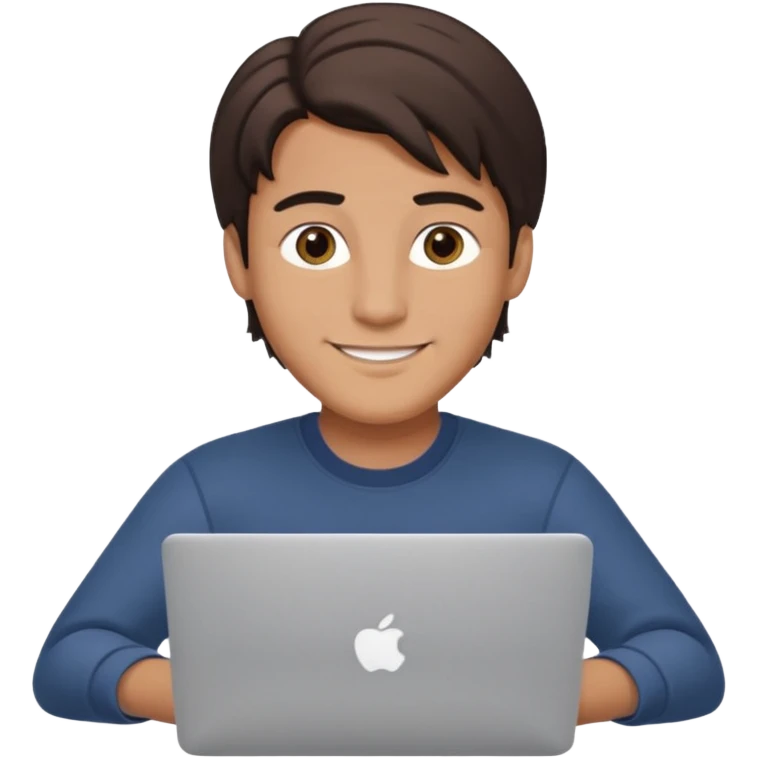 A man in his mid 20s, middle part average dude with slightly droopy eyes, happy, using a MacBook (no logo), hero for an iOS developers website emoji