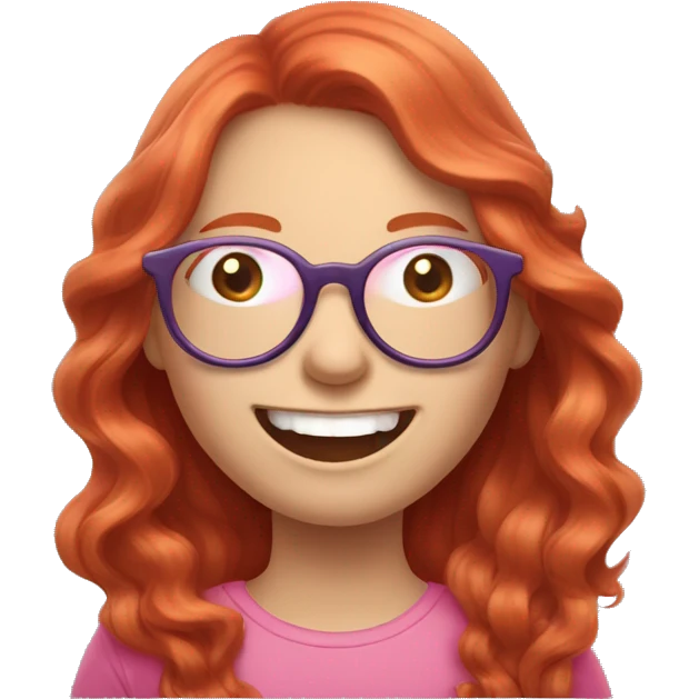 Pale, Long Wavy haired red head, girl with pink circular glasses glasses laughing and pointinf emoji