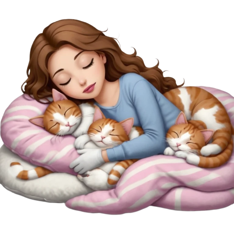 girl with long wavy brown hair, brown eyes, long lashes makeup, sexy pink lips, light to medium complexion,  sleeping on a cozy pillow, with 6 cats: 1 brown and white tabby cat, 1 ginger and white, 2 grey and white, 1 grey has white mittens and small white patch on its chest and 1 calico, sleeping emoji