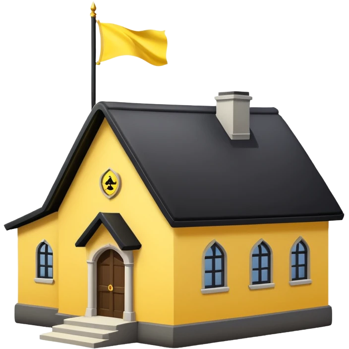 simple magic school, low detail, white background, magic school, black roof, with a big flag, big flag on a roof, big yellow flag, white school emoji