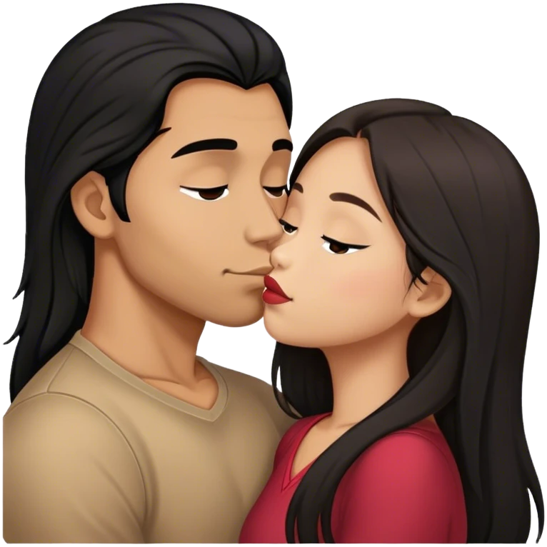 Guy with long black hair kissing Filipina girl with brown hair  emoji