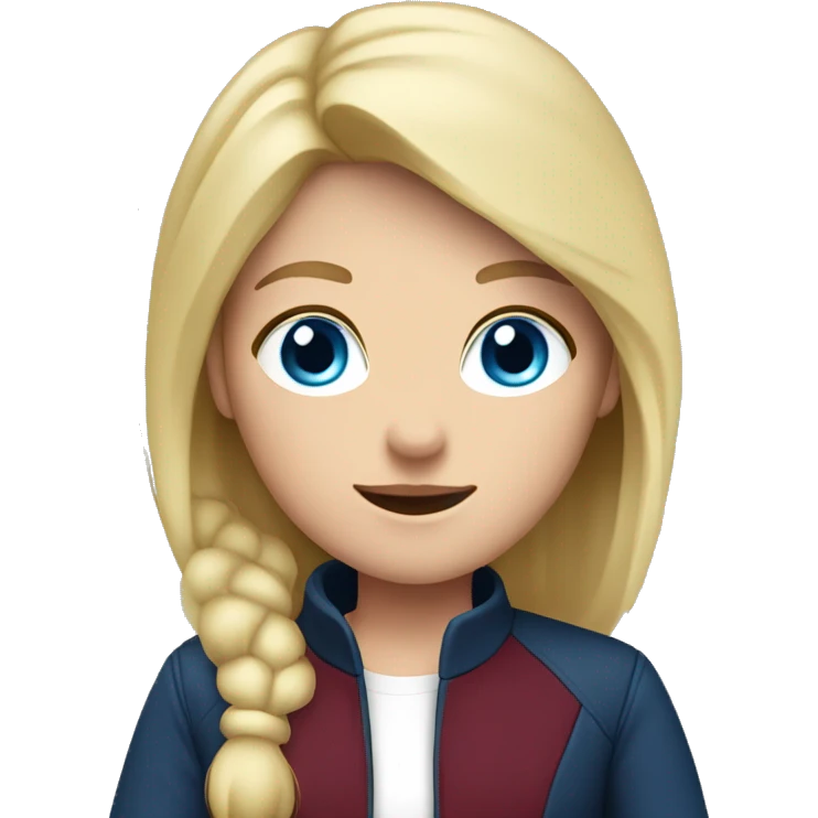 An adult girl, blue eyes, straight blond hair, dark blue jacket, burgundy shirt. emoji