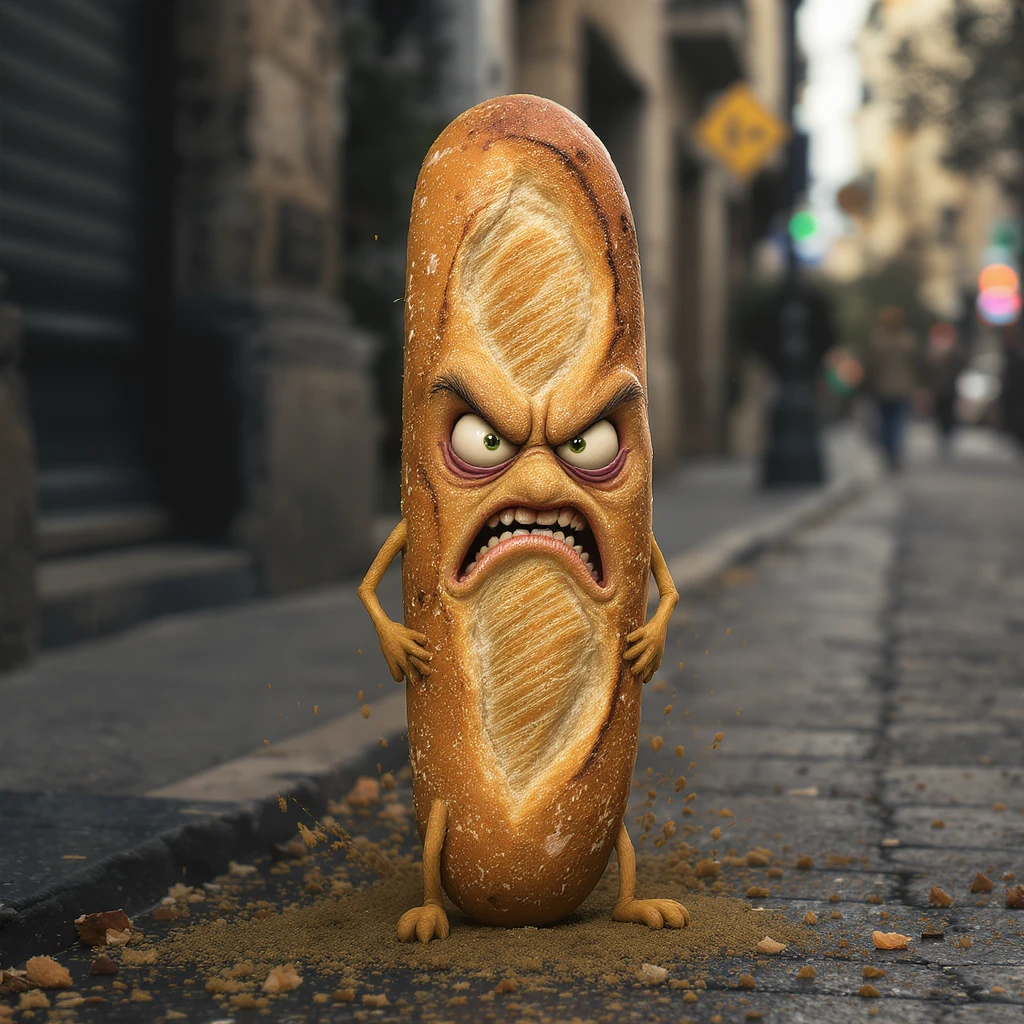 Angry baguette on the street cinematic shot emoji