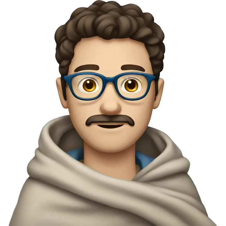 Pale Guy, dark brown hair, moustache and stubble, blue eyes, round glasses, covered in blanket emoji