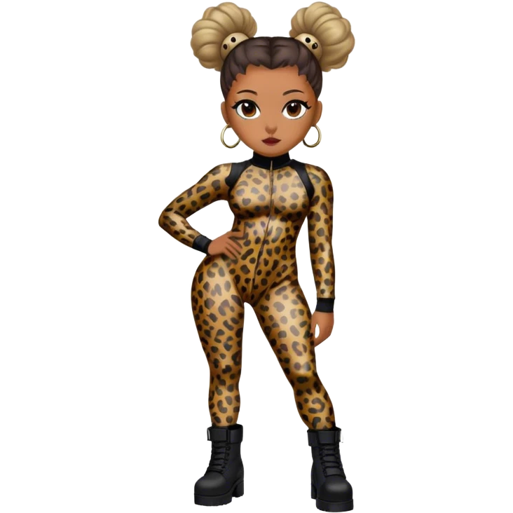 Melanie Brown with her hair in space buns and highlights wearing a tight leopard print two piece bodysuit and black combat boots emoji