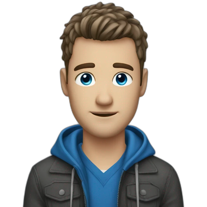 realistic guy he has bangs that go to the right, he has these long bangs that reach his shoulders, he has blue eyes and a blue jacket emoji