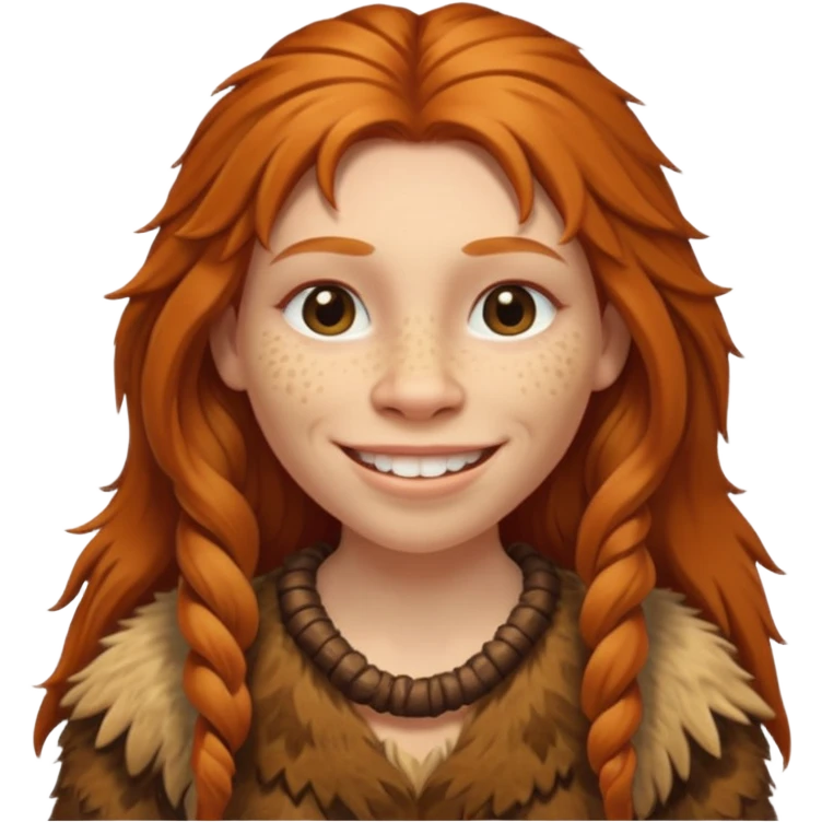 smiling Neanderthal woman with long ginger hair and animal skin clothing emoji