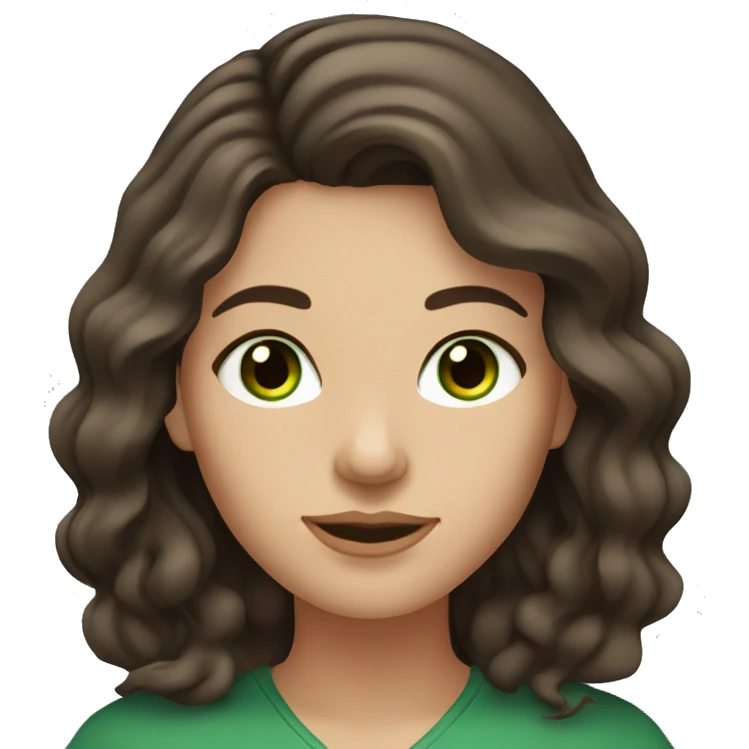 Caucasian woman, dark brown wavy hair, green eyes emoji