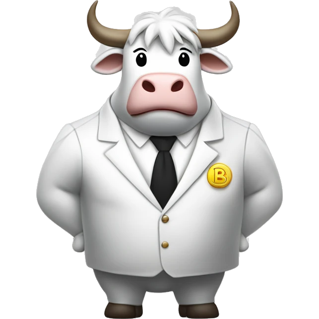 When the coin with the word Booms is turned, a white bull with a white mane and a white suit with the word Booms is standing with arms crossed. emoji