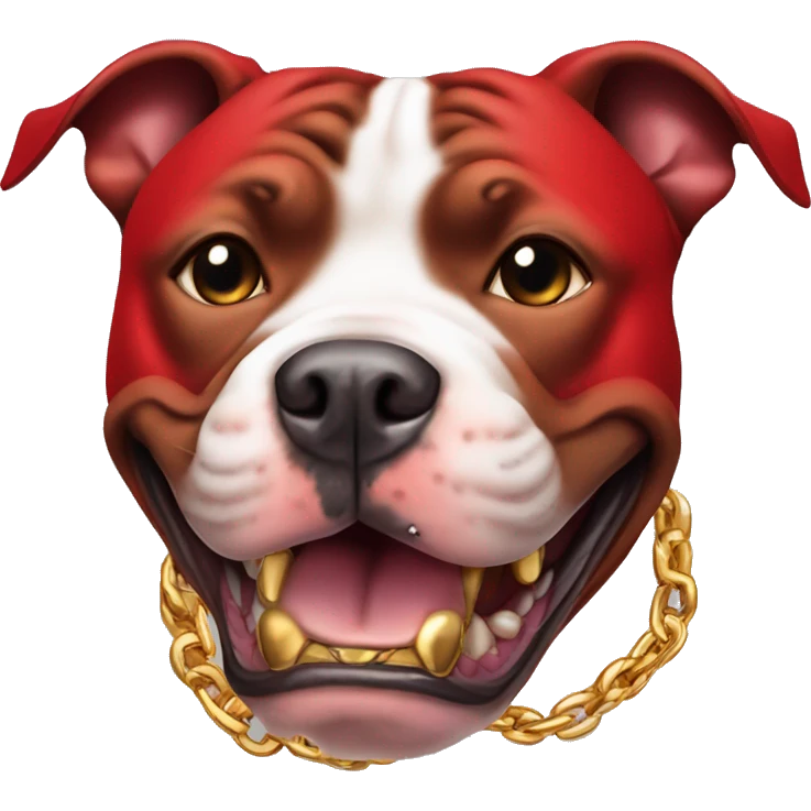 A pit bull dog in red colour with gold chain with danger teeth emoji