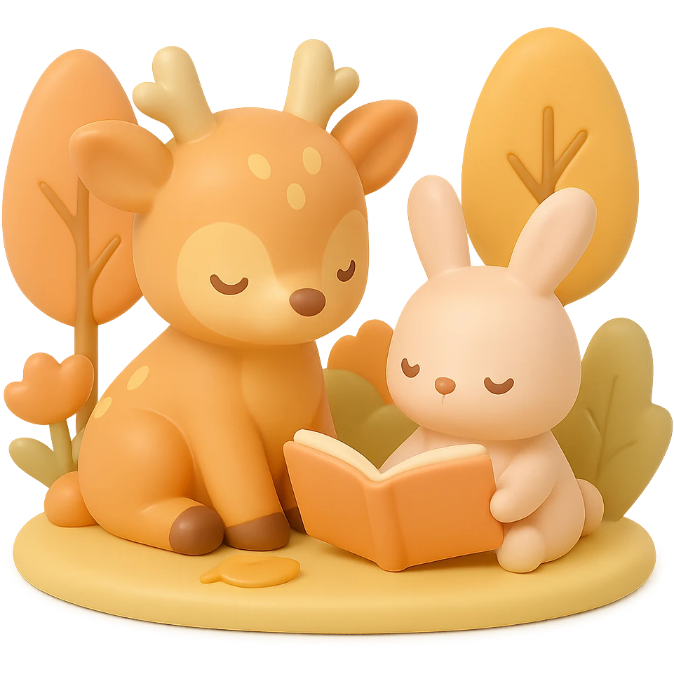 cute deer and bunny reading together in a soft autumn forest scene, vinyl figure style emoji