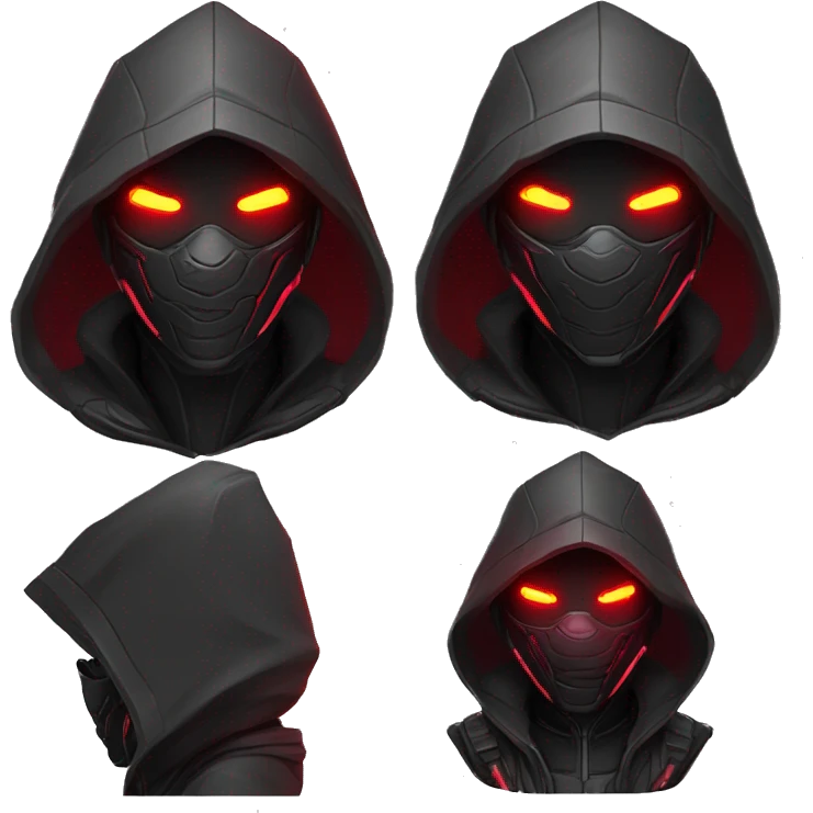 developer behind his laptop with this style : crysis Cyberpunk Riot Games Valorant neon glowing bright red character red dark black hooded assassin themed character emoji