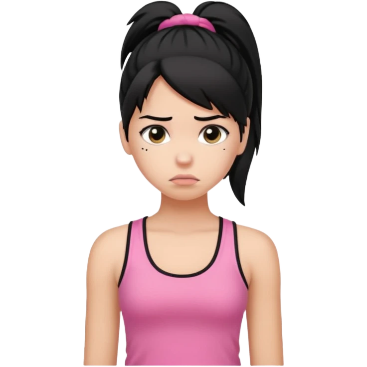 A tan girl with black hair in a ponytail. Wearing a pink tank top. Looking sad emoji