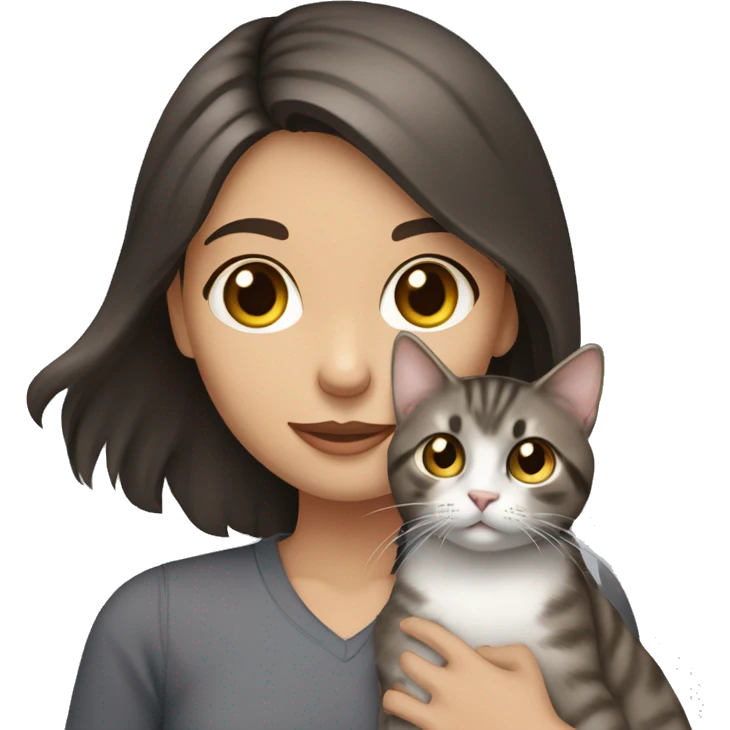 Dark brown haired girl with hazel eyes holding gray tabby cat emoji