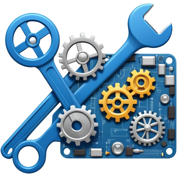 An icon featuring a wrench, gears, and a blueprint, symbolizing engineering. The design includes a circuit board, a hammer, and a compass, representing the creation and innovation of machines, structures, and technology. Transparent background emoji