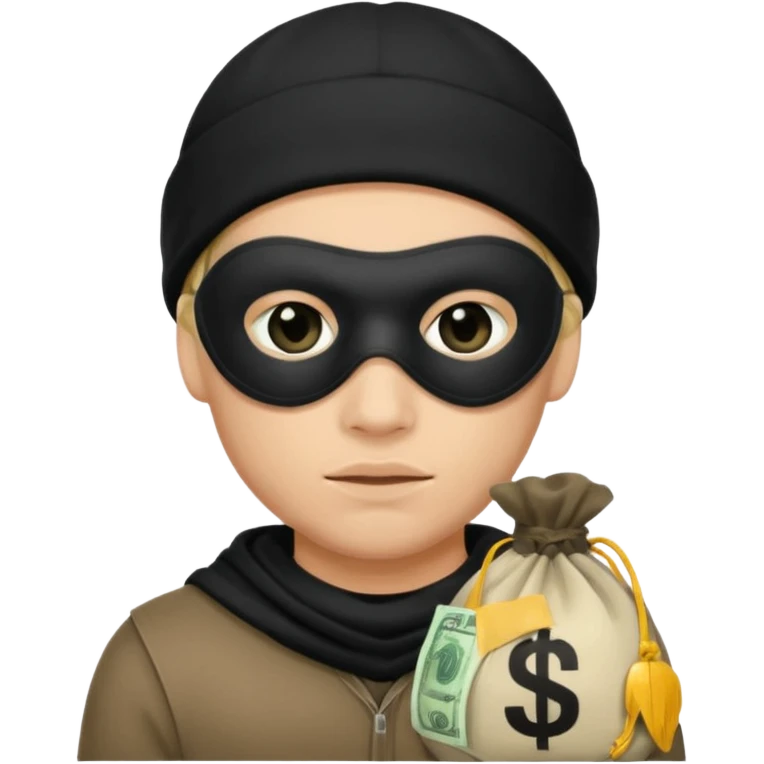 robber wears black eye mask and black beanies with money bag beside him emoji