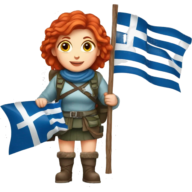 red hair female winter mountaineer offering Easter eggs and Greek flag emoji