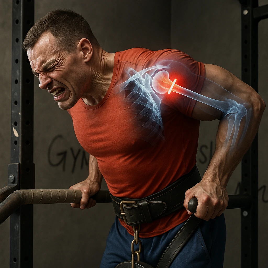 Hyperrealistic 4K anatomical illustration of a man performing a dip on parallel bars in a lateral position as in the reference image. Expression of pain, shoulder highlighted with an X-ray effect showing joint and inflammation. Realistic details, gym atmosphere. Variant 7. emoji