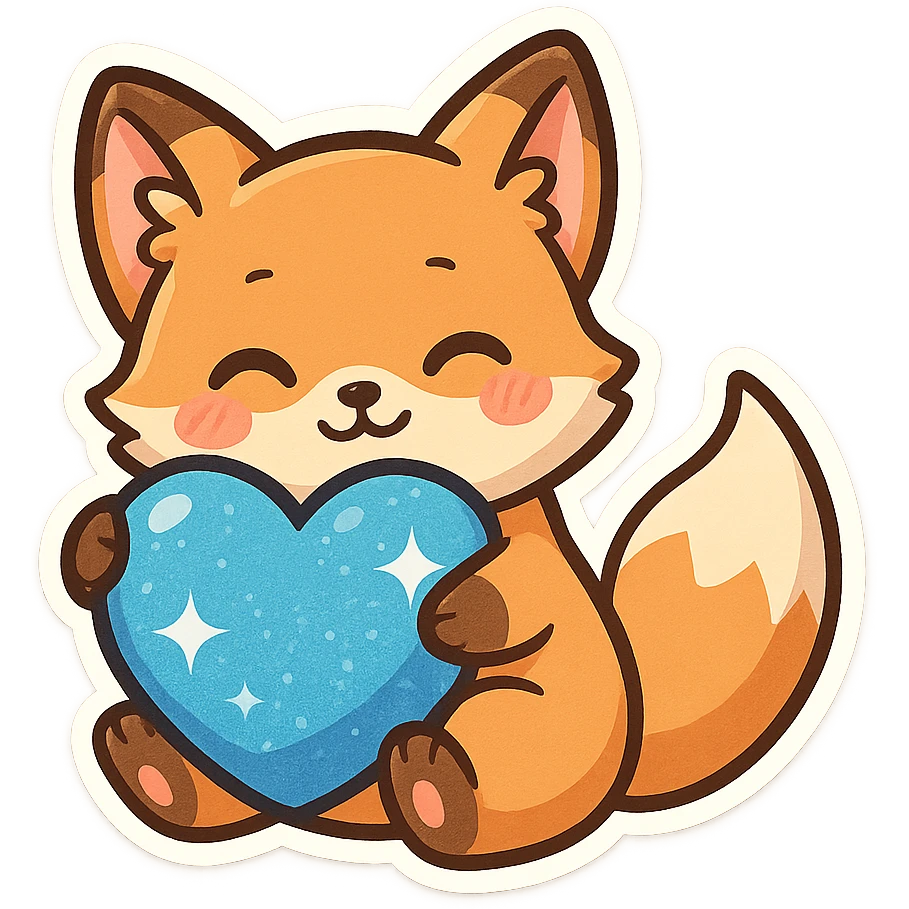 a fox embracing a sparkling blue heart, adorable and eye-catching emoji