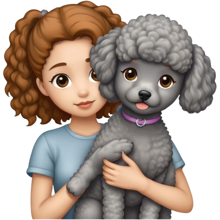 A girl with caramel brown ponytail holding a grey poodle emoji