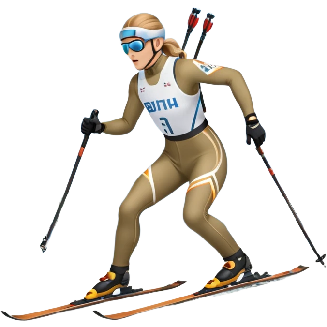 An icon featuring a biathlete in motion, holding a rifle and skiing across a snowy course. The backdrop includes snow-covered trees, distant mountains, and a clear blue sky. Transparent background highlights the precision, endurance, and excitement of biathlon. emoji