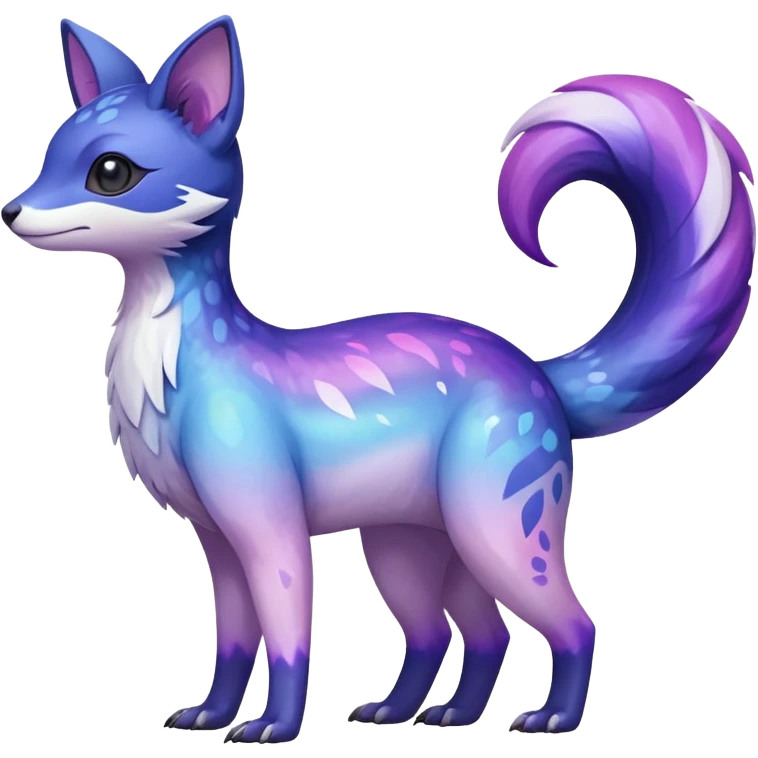  Shiny cute realistic iridescent glossy oily smooth silky soft White with indigo-Violet-purple-pinkish-gradient markings beautiful handsome gorgeous aesthetic colorful vibrant Vernid-Trico-species-Fakemon-creature by LiLaiRa, 4 legs, 1 tail, random markings, (full body) emoji