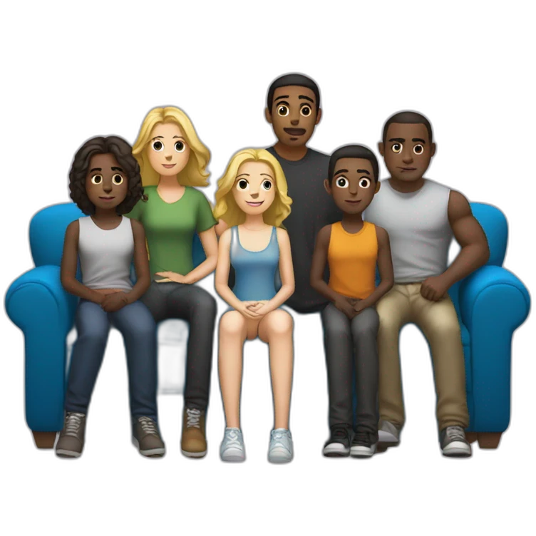 a light-skinned girl sits on a sofa and five dark-skinned guys stand behind emoji