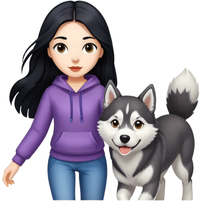 A girl with long black hair walks a husky emoji