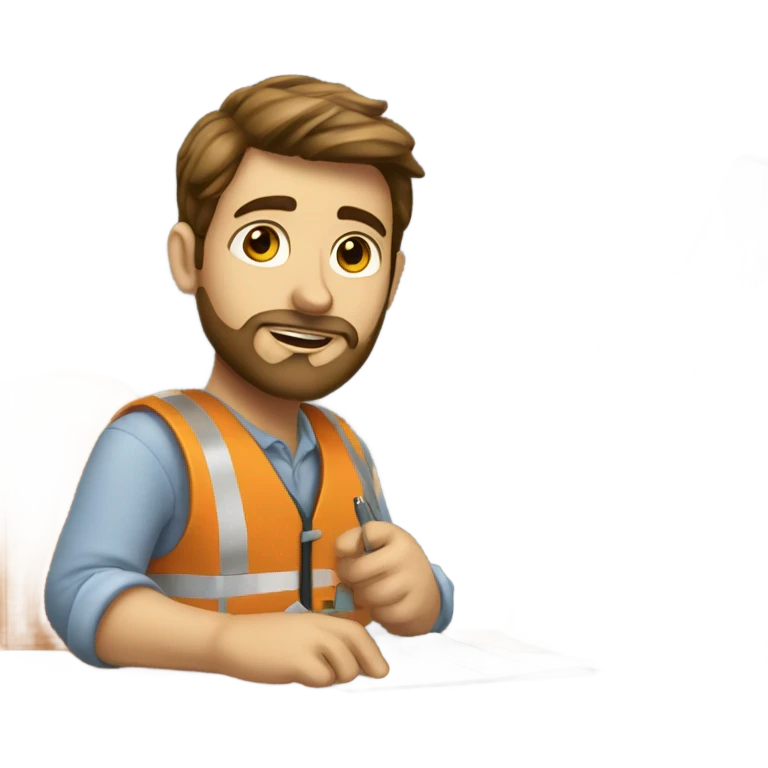 white boy with brown hair and beard working his engineering job at a desk emoji