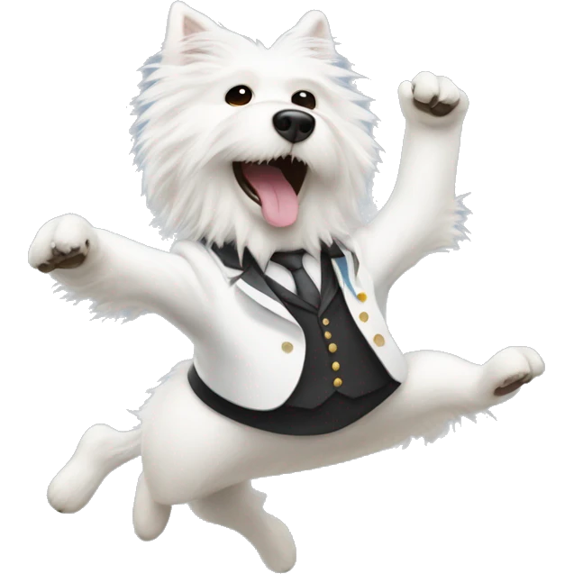 White furry dog jumping over band director  emoji