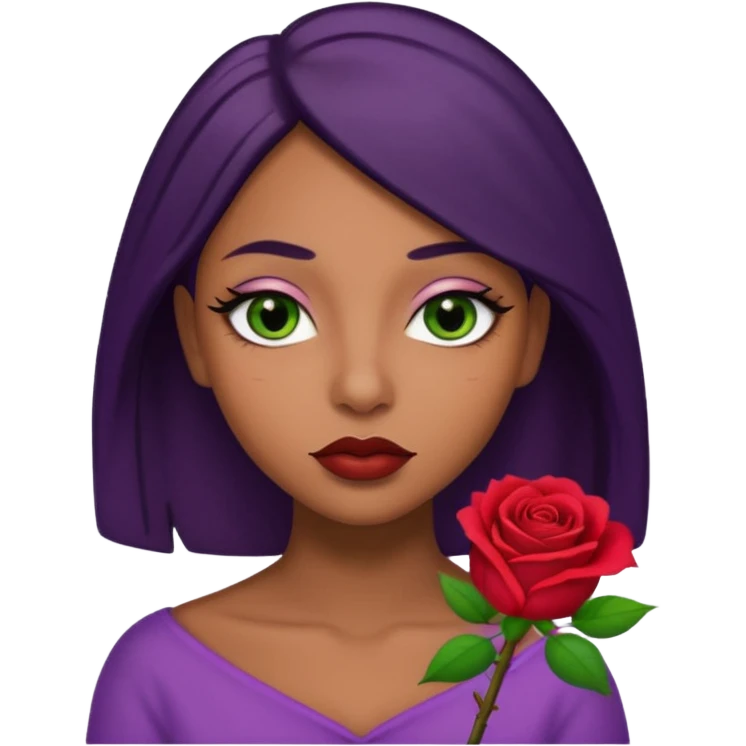 Big brown Puerto Rican skin colored dildo inside a juicy mouth that has lips shaped like rose buds  with blackish purple hair and Italian skin color with green almond shapes eyes, magical mouth with of mouth  emoji