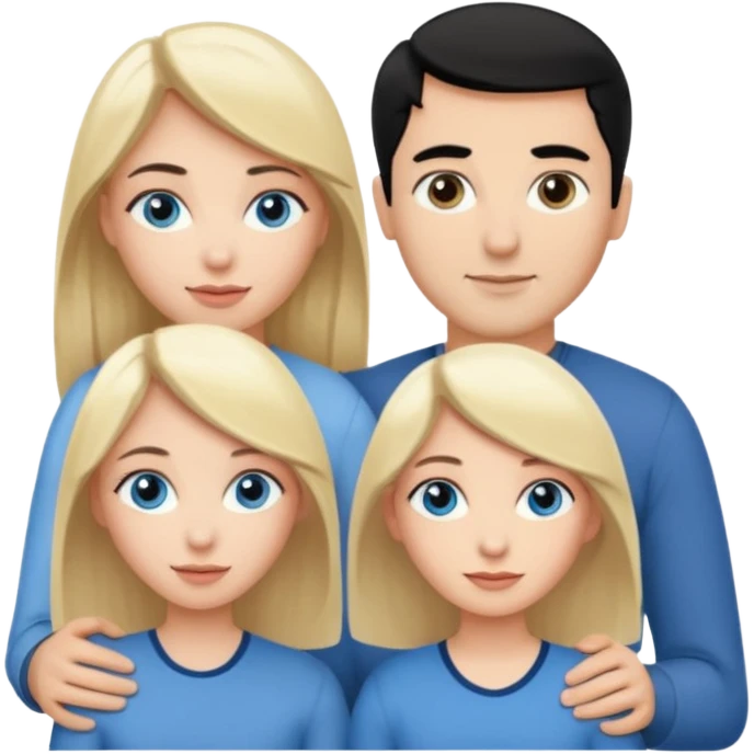 3 people. Throuple. Blank woman with blond hair and blue eye color on left. a blank man with black hair and grey eye color in the middle. And a blank woman with brown hair and grey eye color on the right. Holding each other  emoji