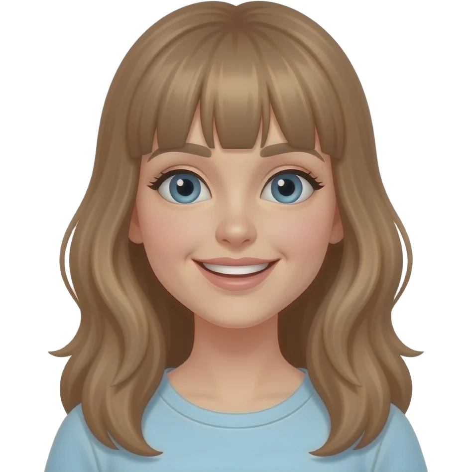 a young woman with long light brown hair and fringe and blue eyes  is very happy emoji