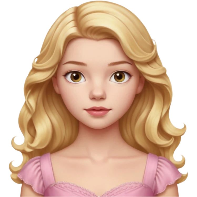 Cinematic Realistic Anya Taylor Joy Portrait, depicted with lifelike skin texture, subtle rosy undertones, and soft natural lighting that enhances the gentle contours of her face. Her intricately detailed golden blonde hair is elegantly wavy, and pink dress emoji