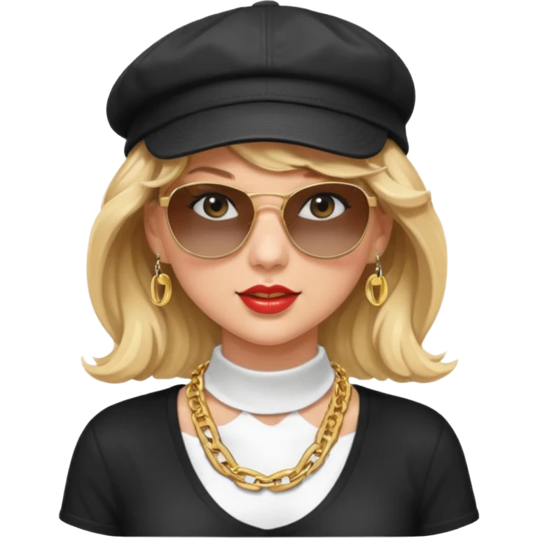 Taylor Swift with wavy hair wearing a backwards cap, sunglasses, and a thick gold chain around her neck emoji