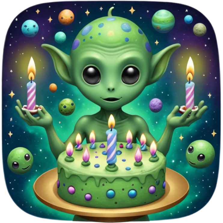 A giant alien holding a birthday cake that is actually a miniature galaxy, tiny planets orbiting the candles, cosmic dust swirling, epic scale contrast, ultra detailed space fantasy art

 emoji