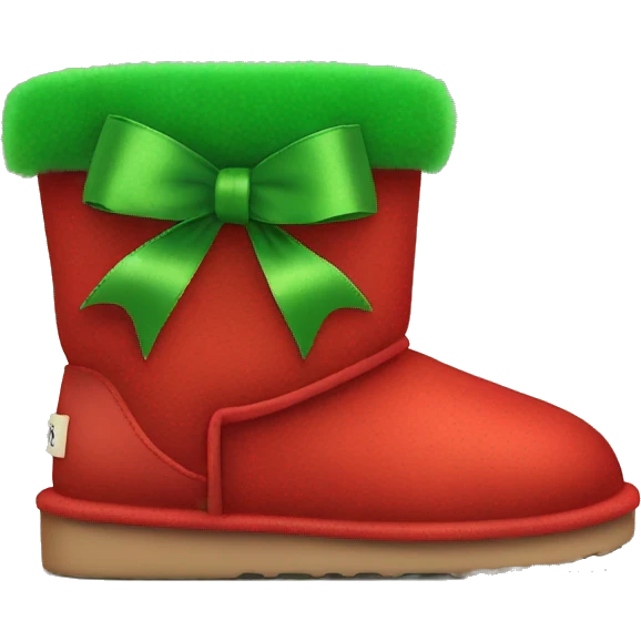 Realistic red Ugg fur boots with gree ribbon bows isolated.  emoji