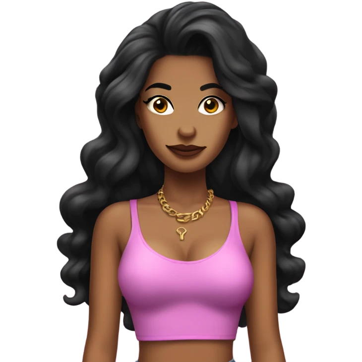 Tanned woman with long black hair dressed in 90s hip hop hair, makeup, and attire emoji