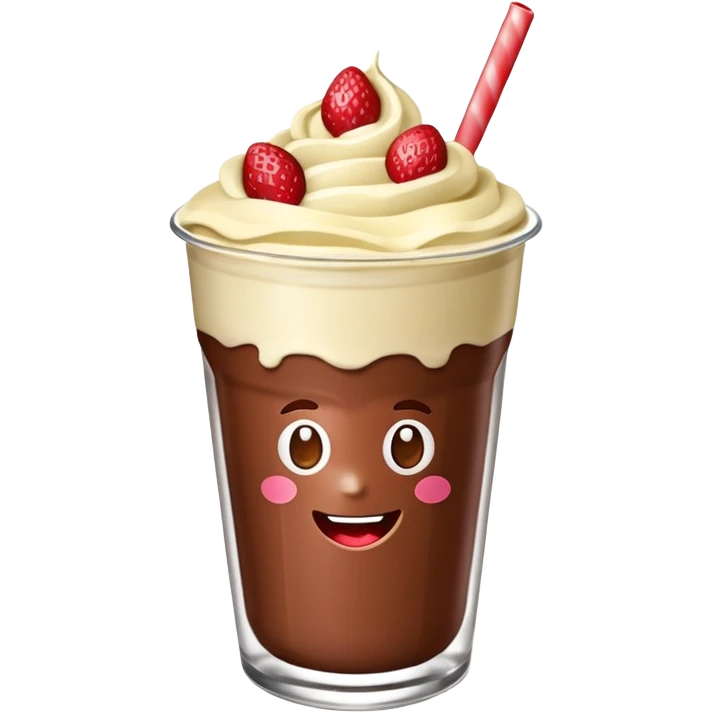 Un vaso cubierto de chocolate que arriba se vea crema batida fresas y mym emoji